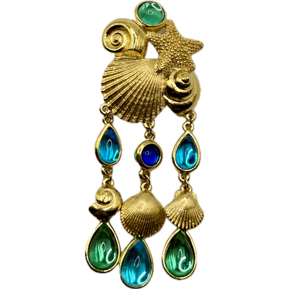 Vtg Signed TRIFARI Kunio MATSUMOTO Blue Green Cabochon Seashell Dangle Brooch - Picture 1 of 8